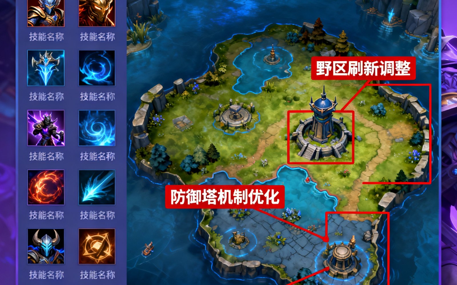 DOTA2版本7.35更新概览图，展示了新英雄技能图标和地图关键改动区域的标注，背景采用游戏内色调